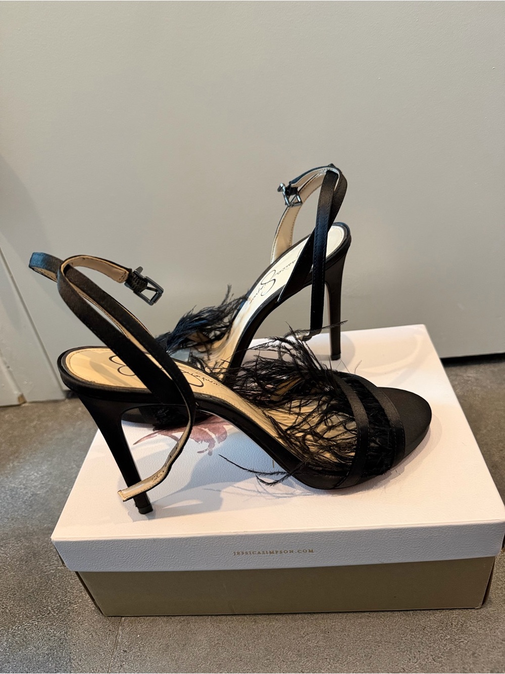 Jessica Simpson Black Feather Slingback Stilettos